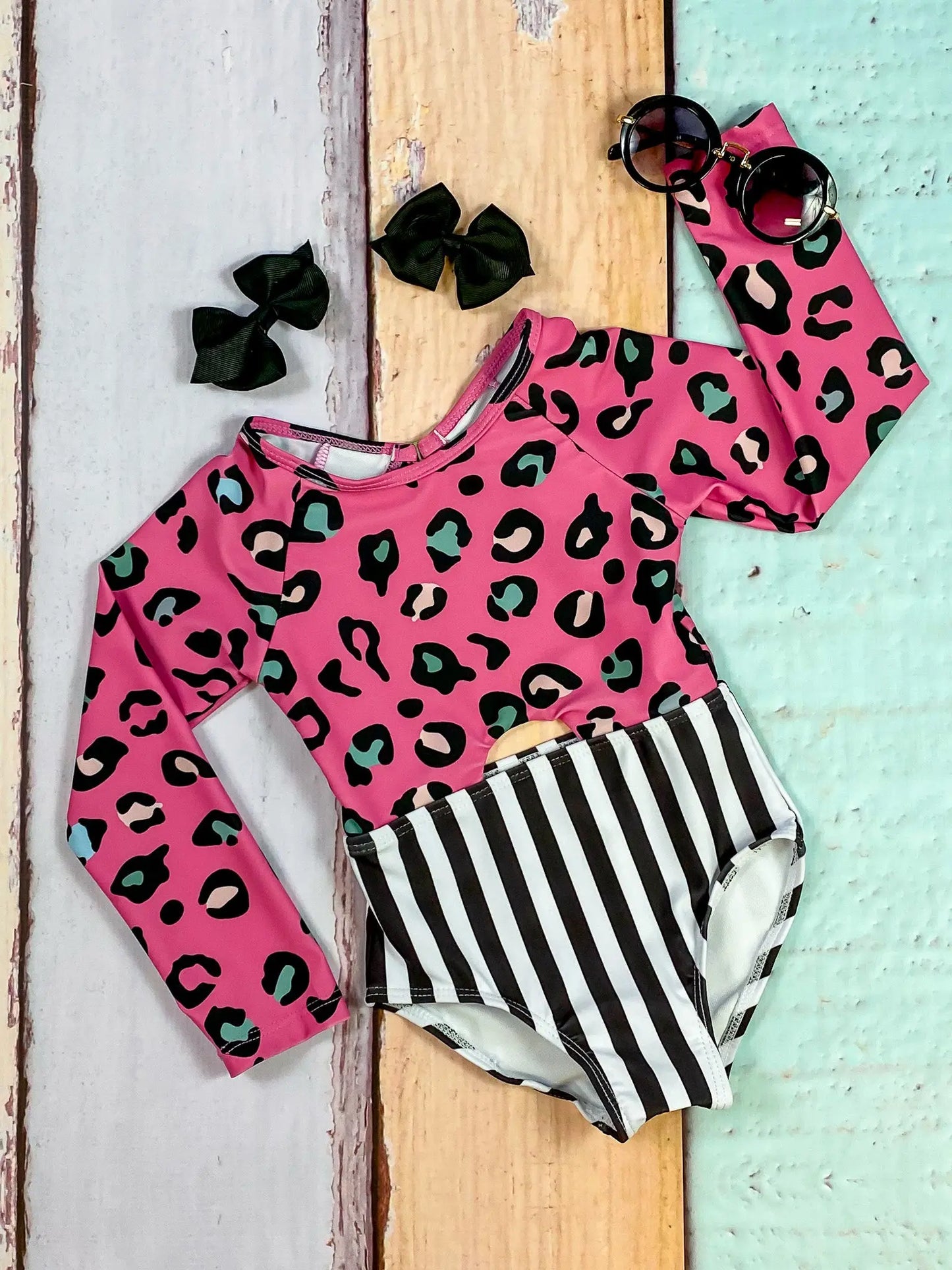 Pink Leopard Print & Stripes one piece swim