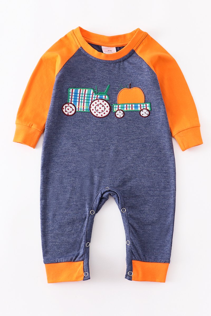 Boys Navy Pumpkin train baby romper