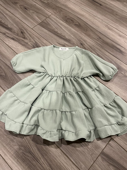 Solid V-Neck Short Sleeve Ruffle Tiered Dress- Light Sage (available in mommy & me)